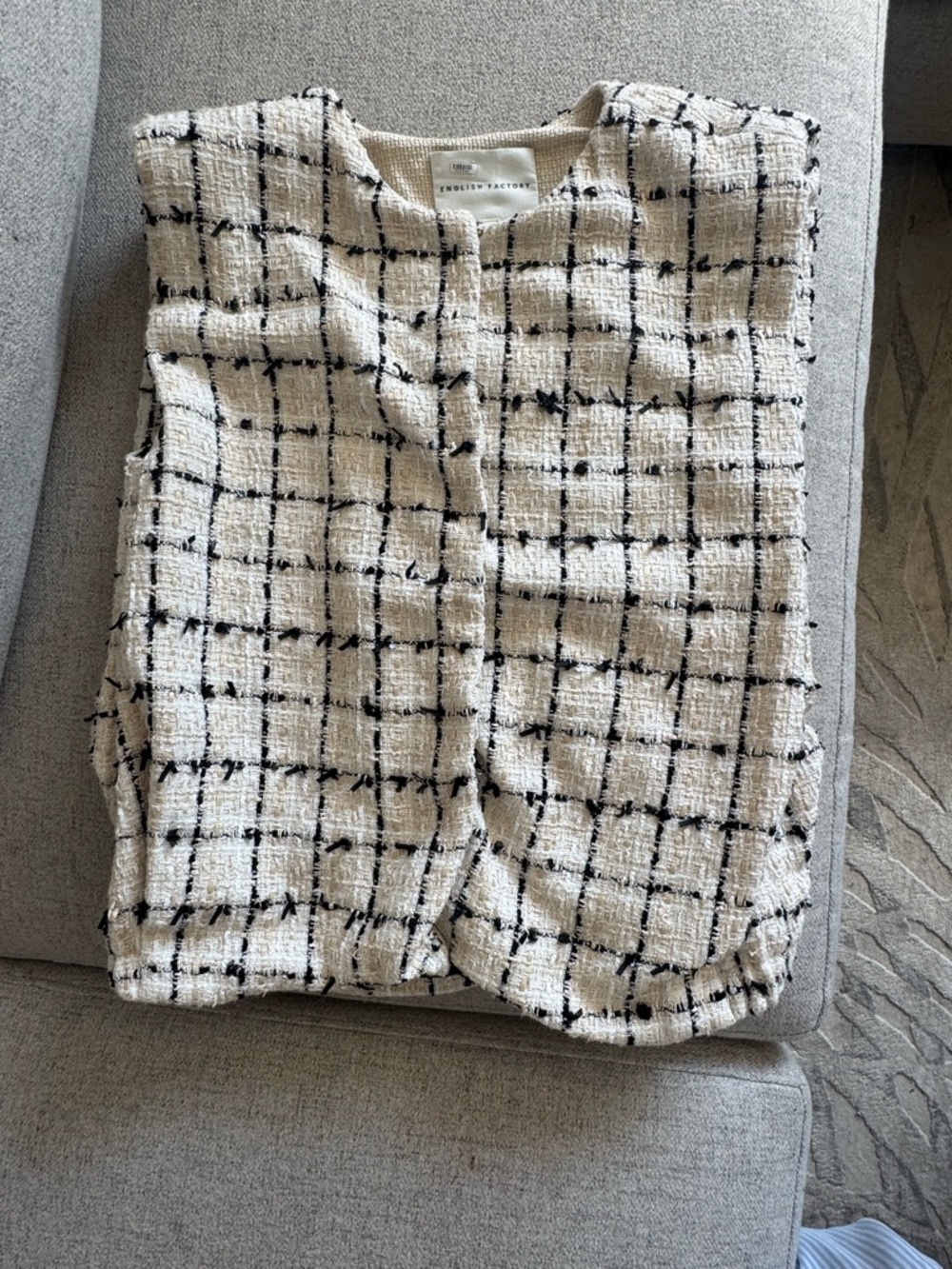 Textured Ivory and Black Windowpane Tweed Vest